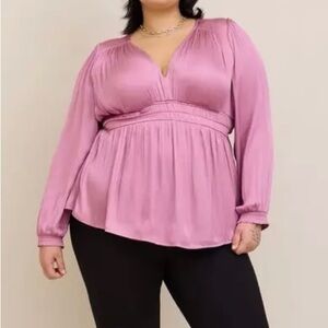TORRID Peplum Top Satin Smocked Waist Long Sleeve V Neck Mauve Pink Size 3X